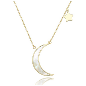 14k gold crescent moon and star layering necklace pearl