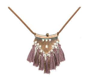 Bohemian Tassel Fringe Necklace with Leather Chain Mauve