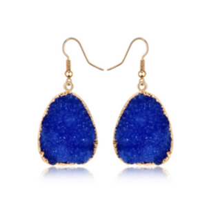 Natural Druzy Quartz Stone Crystal Dangle Earrings Blue