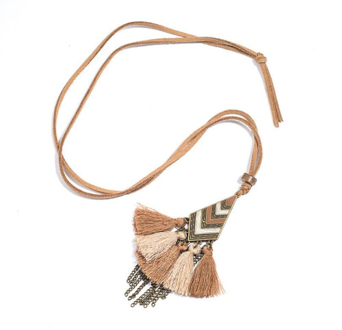 Bohemian Tassel Fringe Necklace with Leather Chain