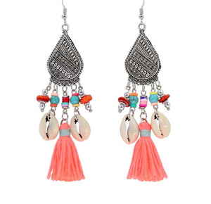 silver bohemian dangle beach earrings with seashells
