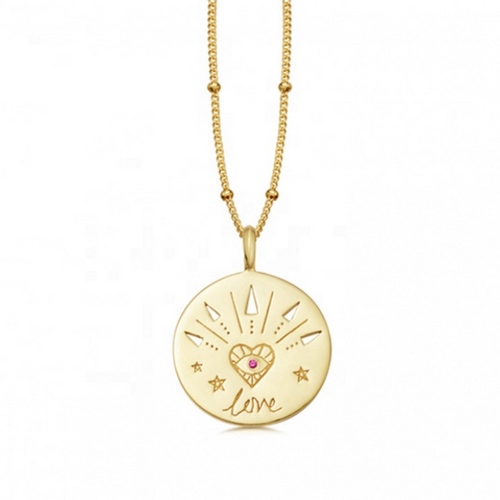 Gold necklace medallion with word love inspirational jewelry