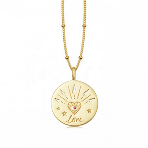 Gold necklace medallion with word love inspirational jewelry