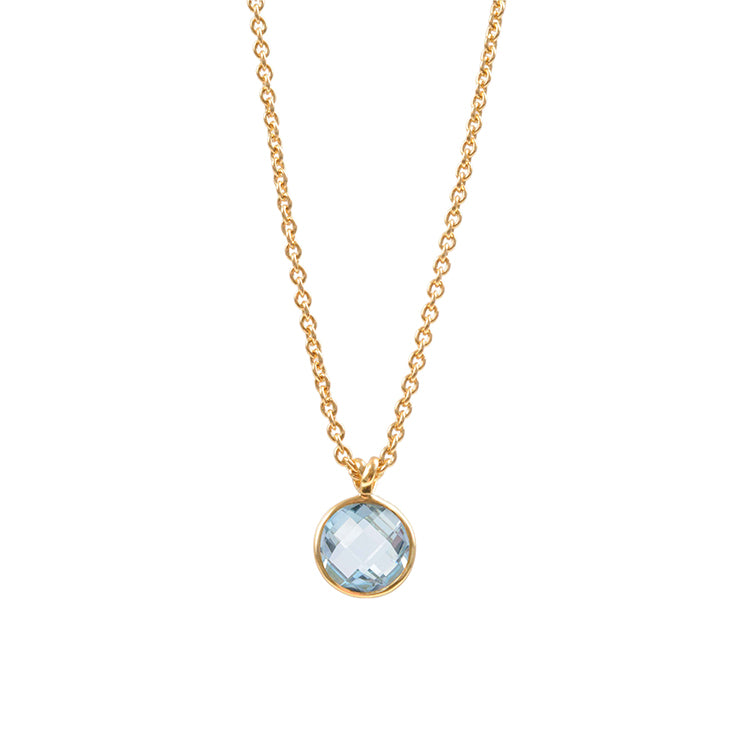 simple 18k gold layering necklace with round aquamarine stone 