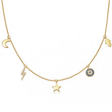 Load image into Gallery viewer, delicate gold layering necklace with moon and stars celestial symbols