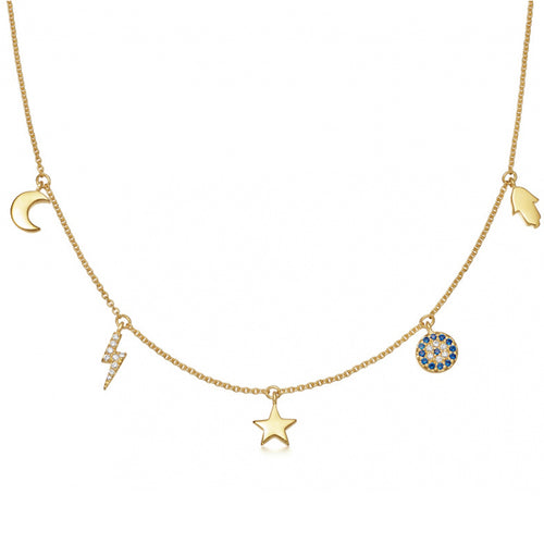 delicate gold layering necklace with moon and stars celestial symbols