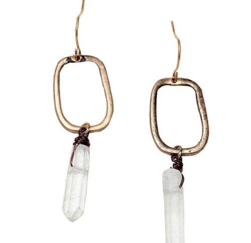 Bohemian Antique Gold Drop Earrings with Natural Crystal Stone