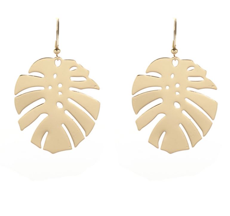 Medium Gold Palm Leaf Dangle Earrings Tropical Jewelry