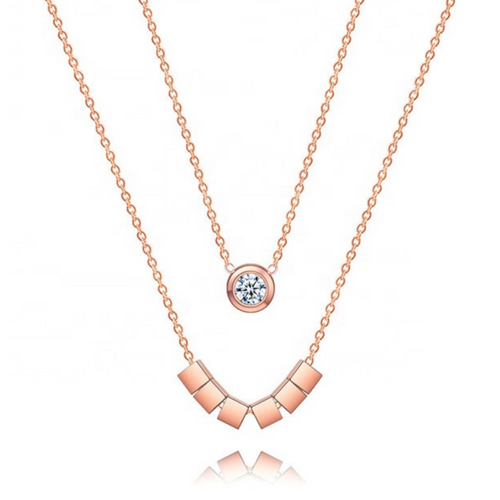 Double Chain 18k Rose Gold Layering Necklace for Women Cubic Zircon