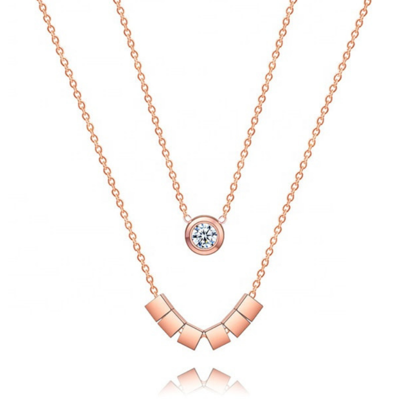 Double Chain 18k Rose Gold Layering Necklace for Women Cubic Zircon