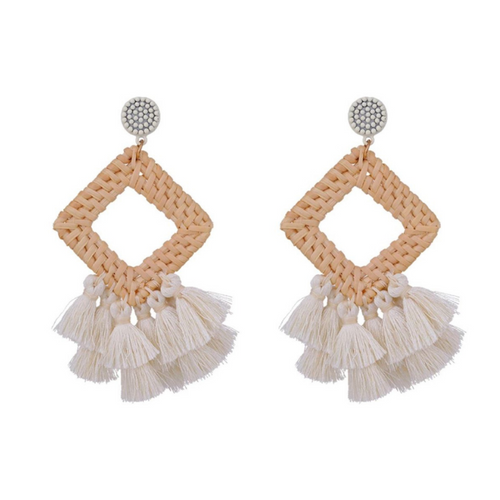 White Fringe Tassel Rattan Statement Earrings for Women