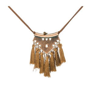 Bohemian Tassel Fringe Necklace with Leather Chain Mustard