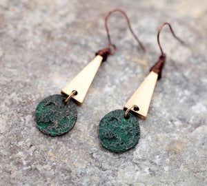 Ancient Gold Disk Drop Dangle Antique Earrings Green