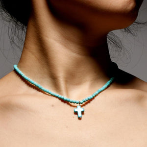 beaded turquoise necklace gemstone choker with cross shaped pendant with natural stone