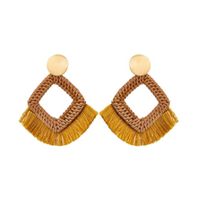 Load image into Gallery viewer, Sun-Drenched Raffia Wood Fringe Yellow Summer Statement Earrings
