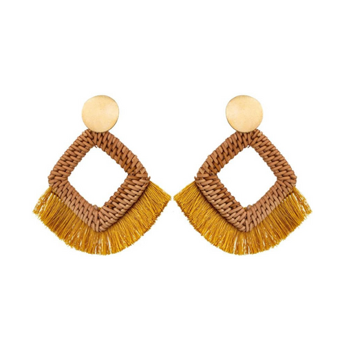 Sun-Drenched Raffia Wood Fringe Yellow Summer Statement Earrings